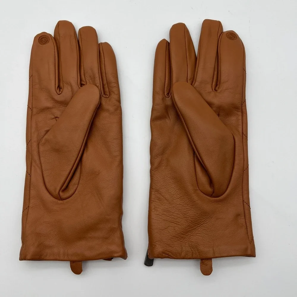 Chico's Gloves Women L/G Brown Leather Quilted Tech Friendly Zippered Moto Style